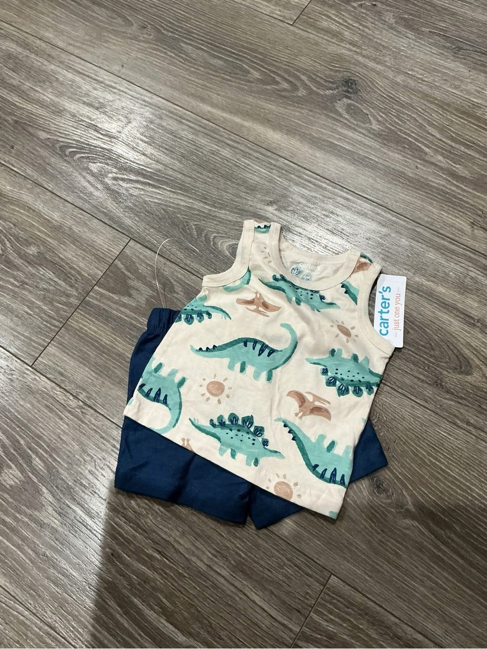 NWT Carter's Cream Tank with Teal Dinosaur Prints & Navy Shorts Set